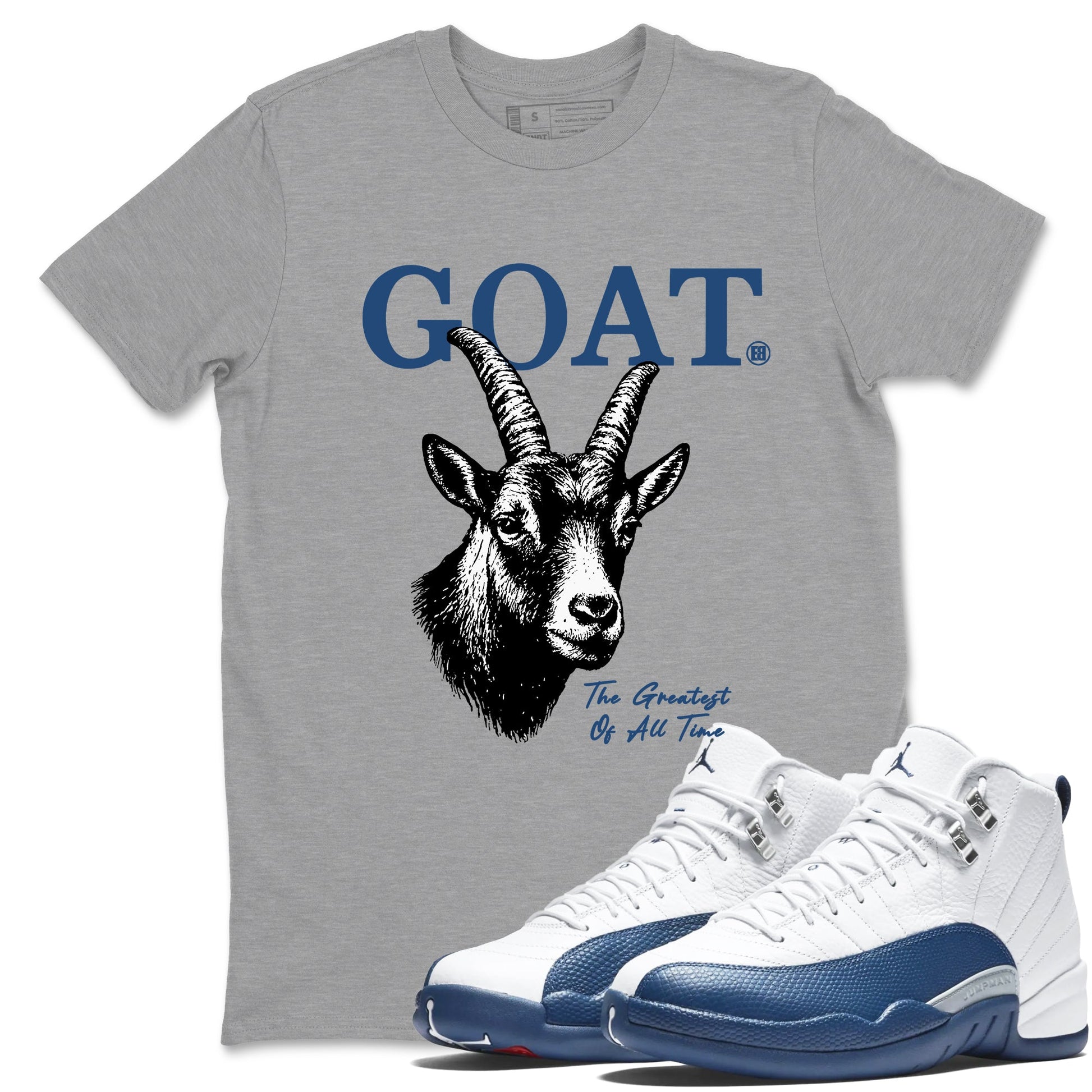 The Greatest Of All Time sneaker match t-shirt styled to complete your fit with the Air Jordan 12 French Blue sneakers, graphic shirts in Heather Grey 1.
