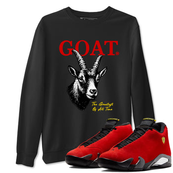 The Greatest Of All Time sneaker match t-shirt styled to complete your fit with the Air Jordan 14 Challenge Red sneakers, shown in Black 1.