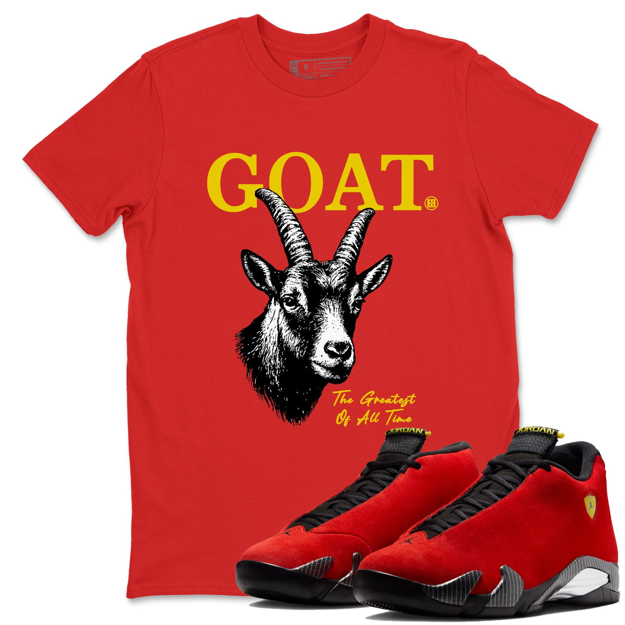 The Greatest Of All Time sneaker match t-shirt styled to complete your fit with the Air Jordan 14 Challenge Red sneakers, shown in Red 1.