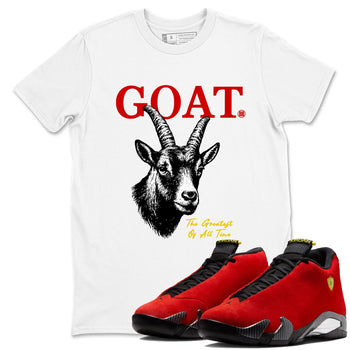 The Greatest Of All Time sneaker match t-shirt styled to complete your fit with the Air Jordan 14 Challenge Red sneakers, shown in White 1.