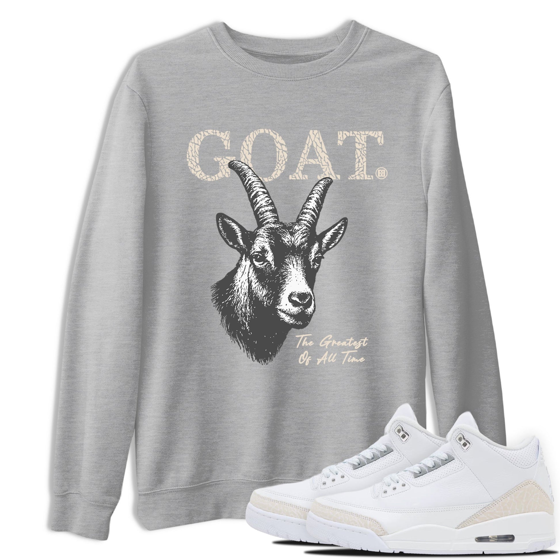The Greatest Of All Time sneaker match t-shirt styled to complete your fit with the Air Jordan 3 Pure Money sneakers, shown in Heather Grey 1.