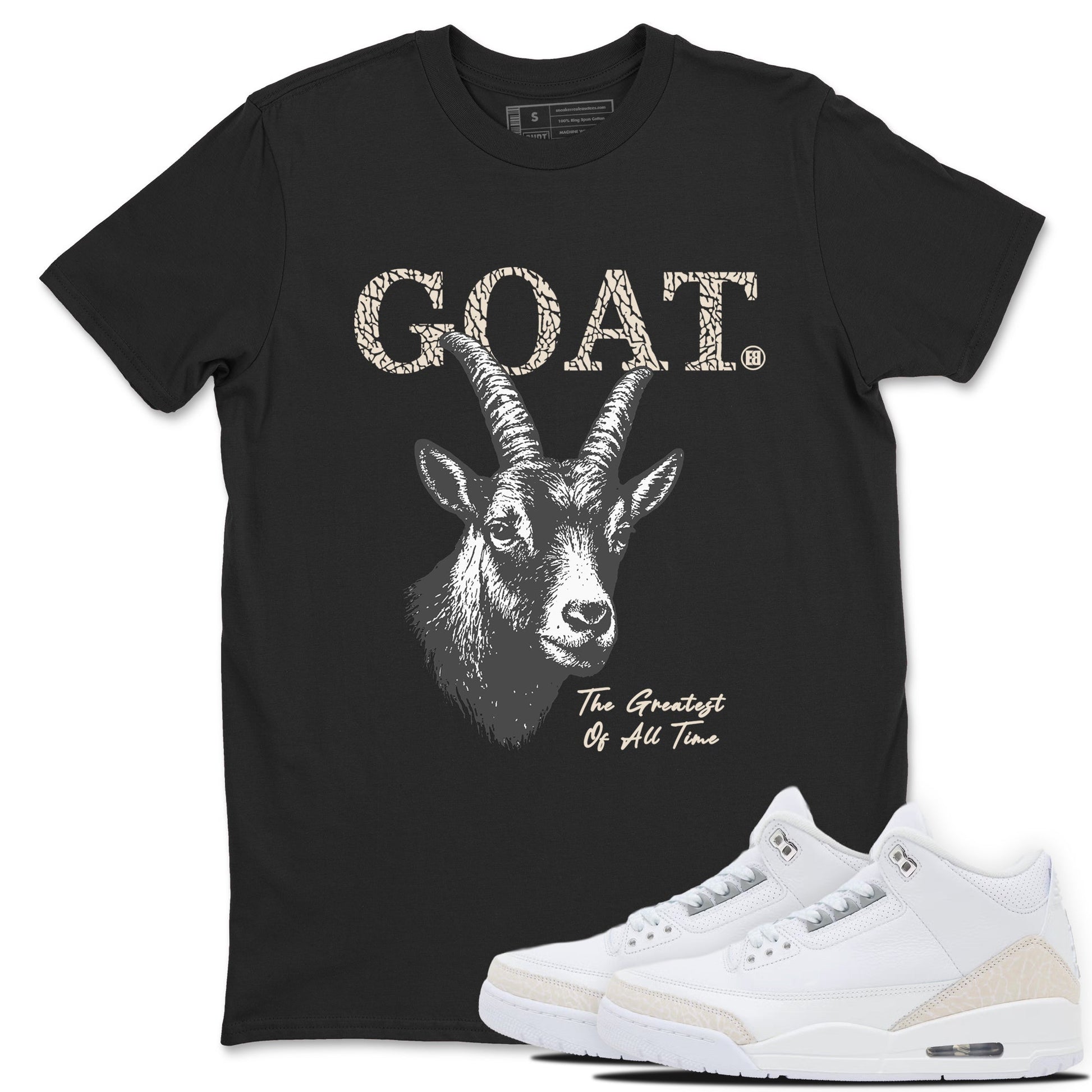 The Greatest Of All Time sneaker match t-shirt styled to complete your fit with the Air Jordan 3 Pure Money sneakers, shown in Black 1.
