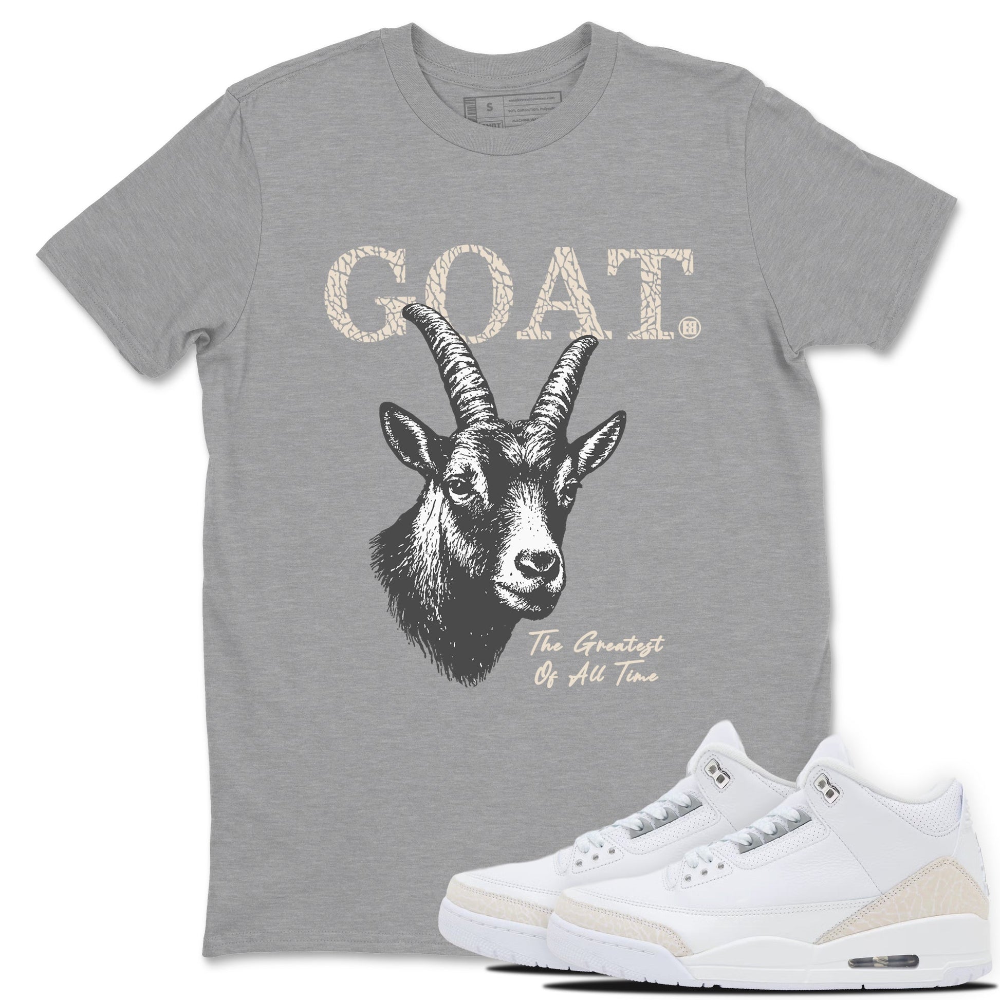 The Greatest Of All Time sneaker match t-shirt styled to complete your fit with the Air Jordan 3 Pure Money sneakers, shown in Heather Grey 1.