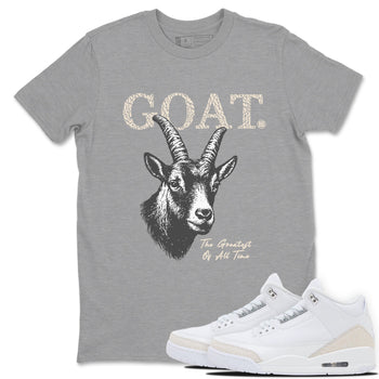 The Greatest Of All Time sneaker match t-shirt styled to complete your fit with the Air Jordan 3 Pure Money sneakers, shown in Heather Grey 1.