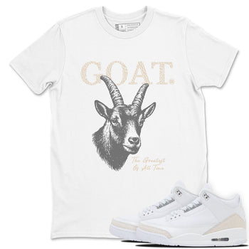 The Greatest Of All Time sneaker match t-shirt styled to complete your fit with the Air Jordan 3 Pure Money sneakers, shown in White 1.