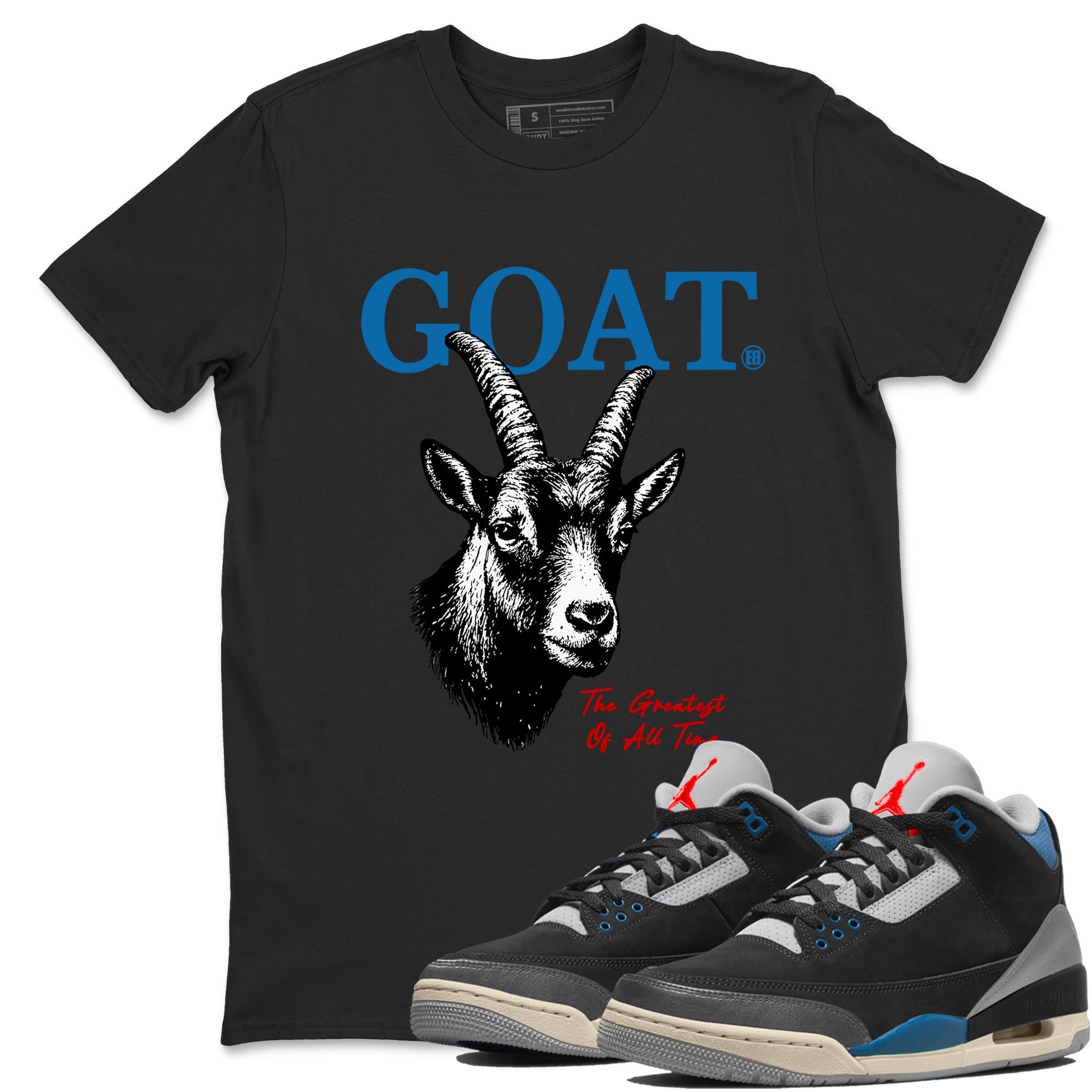 The Greatest Of All Time sneaker match t-shirt styled to complete your fit with the Air Jordan 3 Rare Air sneakers, shown in Black 1.