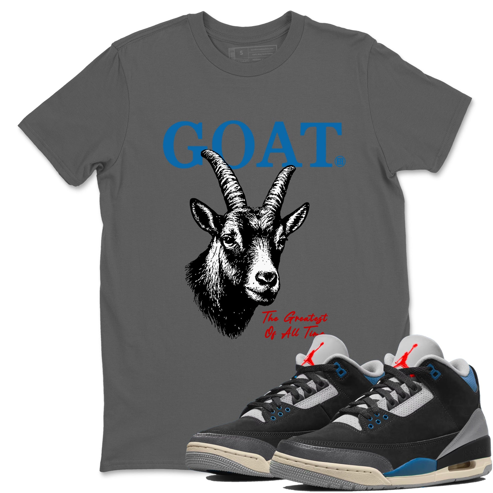 The Greatest Of All Time sneaker match t-shirt styled to complete your fit with the Air Jordan 3 Rare Air sneakers, shown in Cool Grey 1.