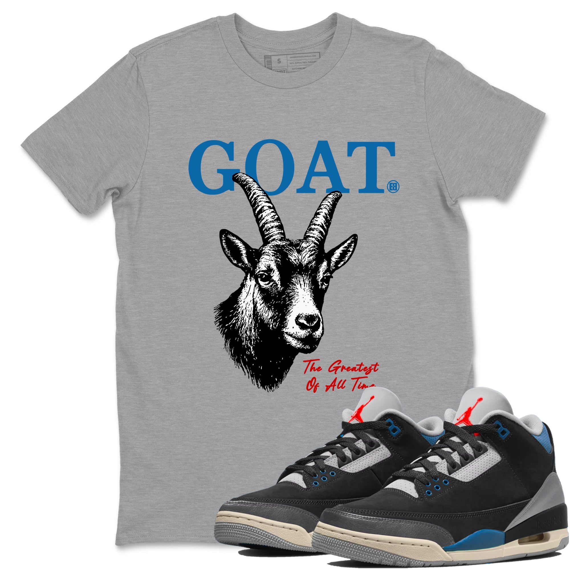 The Greatest Of All Time sneaker match t-shirt styled to complete your fit with the Air Jordan 3 Rare Air sneakers, shown in Heather Grey 1.