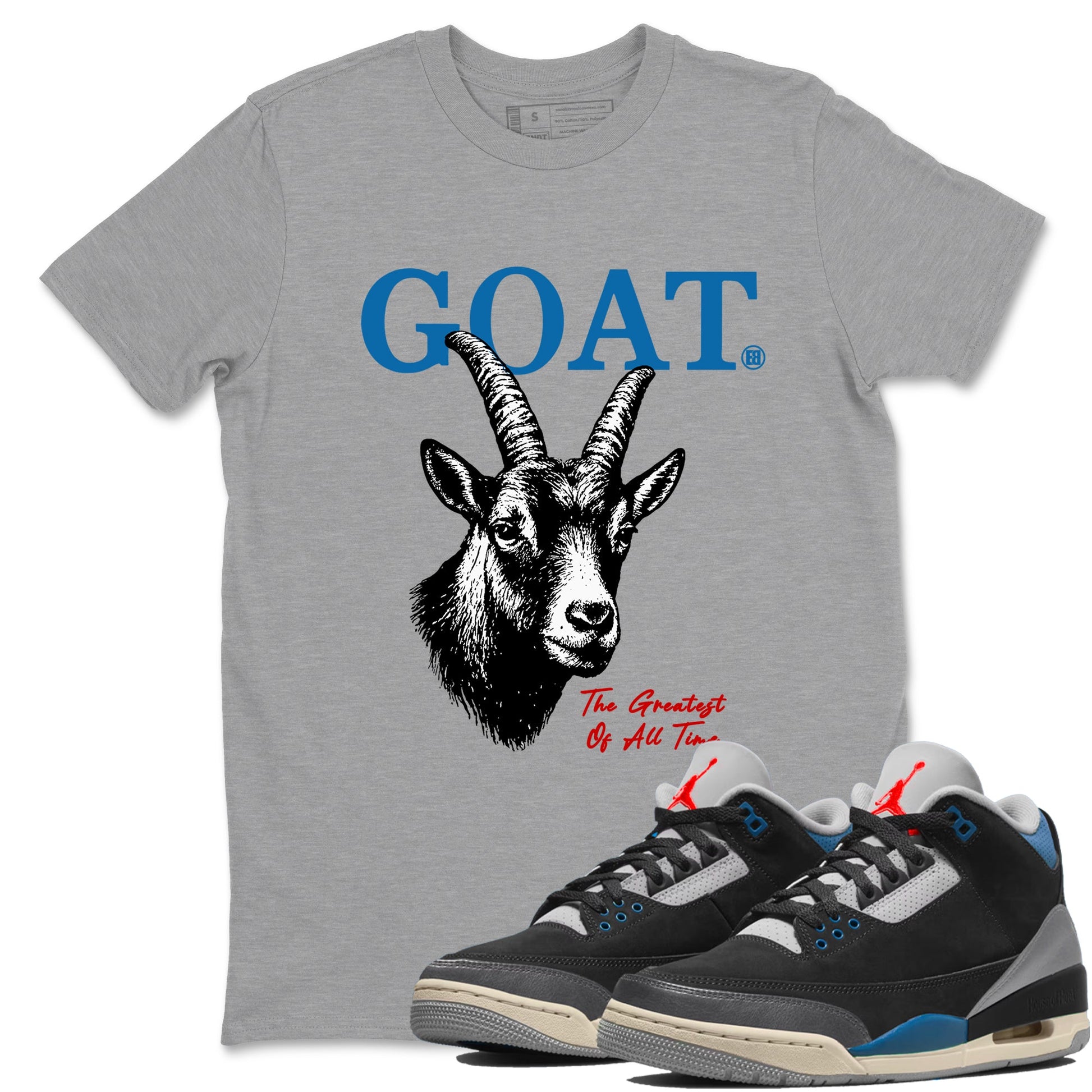 The Greatest Of All Time sneaker match t-shirt styled to complete your fit with the Air Jordan 3 Rare Air sneakers, shown in Heather Grey 1.