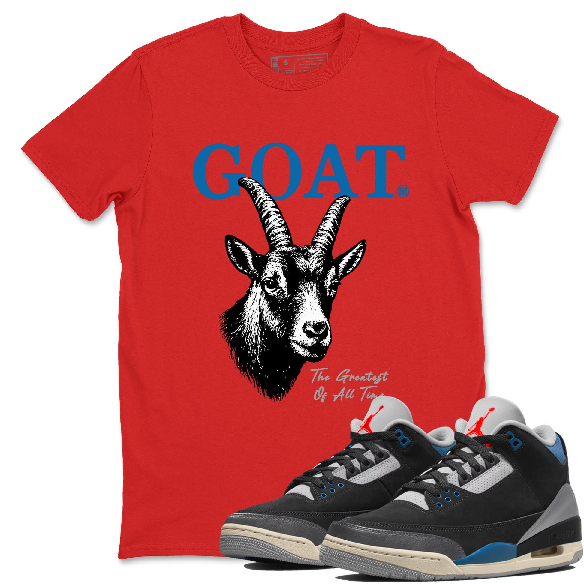 The Greatest Of All Time sneaker match t-shirt styled to complete your fit with the Air Jordan 3 Rare Air sneakers, shown in Red 1.