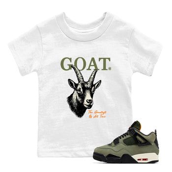 Sneaker match tees – Sneaker Tees To Match Undefeated inspired colorways Air Jordan 4 OG Olive Shoes  – The Greatest Of All Time Kids T-Shirt White 1