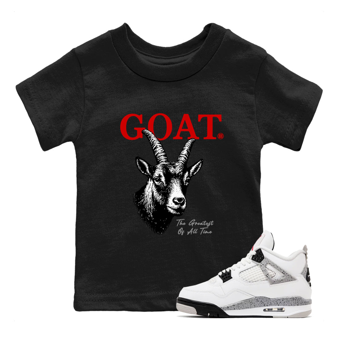 The Greatest Of All Time baby and kids t-shirt crafted for little sneakerheads to shine with the Air Jordan 4 White Cement sneakers, displayed in Black 1.