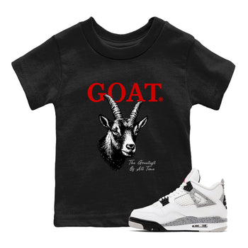The Greatest Of All Time baby and kids t-shirt crafted for little sneakerheads to shine with the Air Jordan 4 White Cement sneakers, displayed in Black 1.