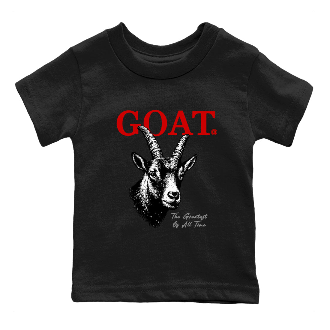 The Greatest Of All Time baby and kids t-shirt crafted for little sneakerheads to shine with the Air Jordan 4 White Cement sneakers, displayed in Black 2.