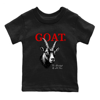 The Greatest Of All Time baby and kids t-shirt crafted for little sneakerheads to shine with the Air Jordan 4 White Cement sneakers, displayed in Black 2.