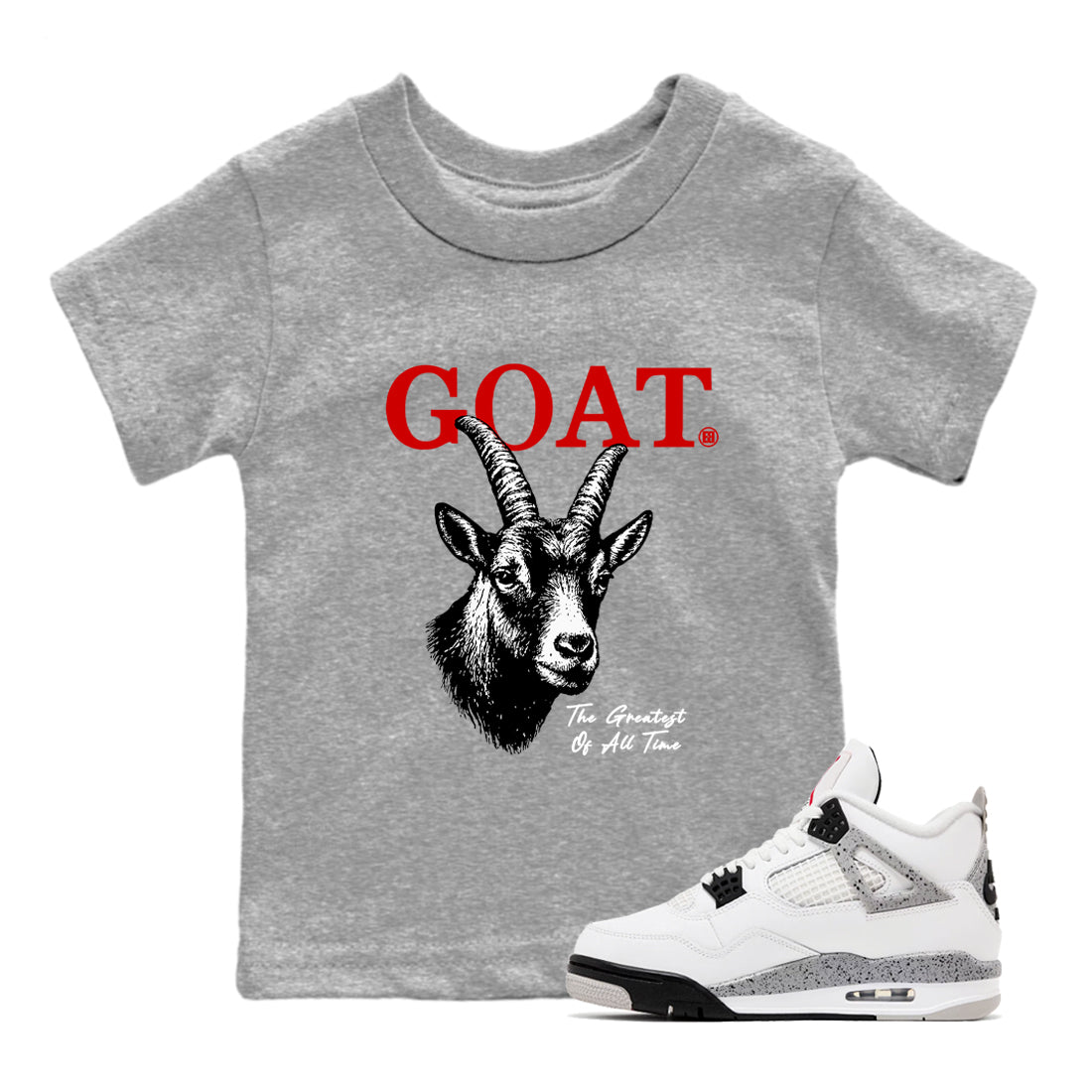 The Greatest Of All Time baby and kids t-shirt crafted for little sneakerheads to shine with the Air Jordan 4 White Cement sneakers, displayed in Heather Grey 1.