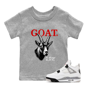 The Greatest Of All Time baby and kids t-shirt crafted for little sneakerheads to shine with the Air Jordan 4 White Cement sneakers, displayed in Heather Grey 1.