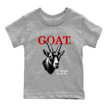 The Greatest Of All Time baby and kids t-shirt crafted for little sneakerheads to shine with the Air Jordan 4 White Cement sneakers, displayed in Heather Grey 2.