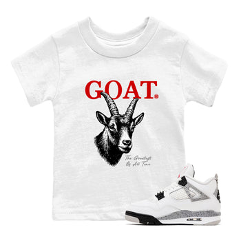 The Greatest Of All Time baby and kids t-shirt crafted for little sneakerheads to shine with the Air Jordan 4 White Cement sneakers, displayed in White 1.