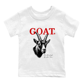 The Greatest Of All Time baby and kids t-shirt crafted for little sneakerheads to shine with the Air Jordan 4 White Cement sneakers, displayed in White 2.