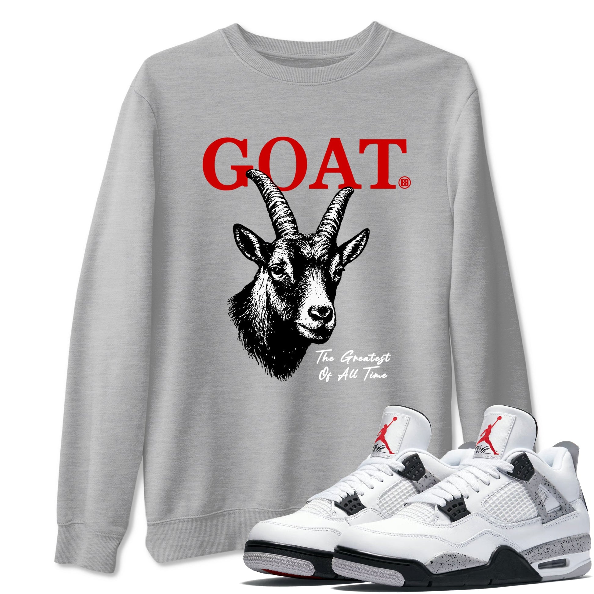 The Greatest Of All Time sneaker match t-shirt styled to complete your fit with the Air Jordan 4 White Cement sneakers, shown in Heather Grey 1.
