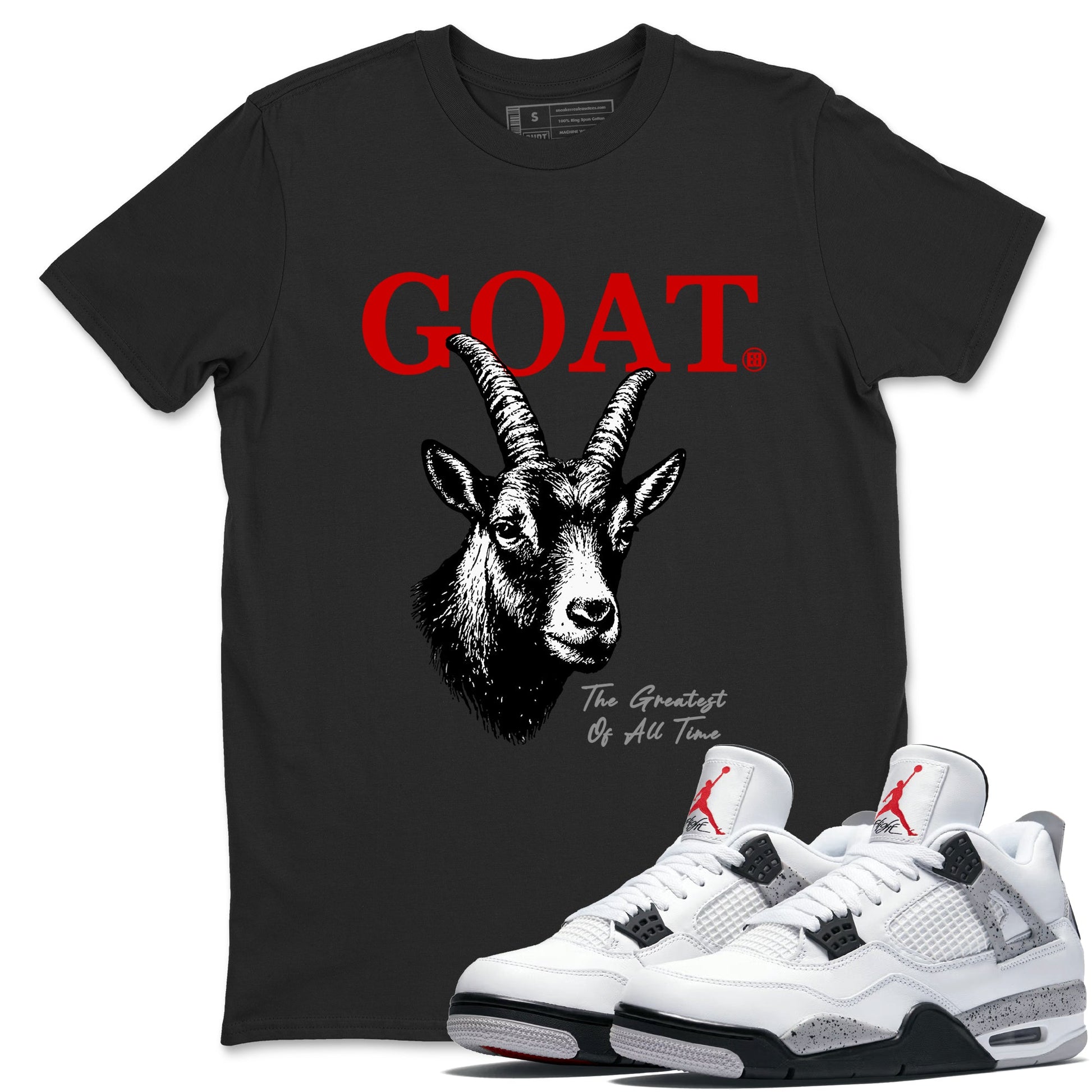 The Greatest Of All Time sneaker match t-shirt styled to complete your fit with the Air Jordan 4 White Cement sneakers, shown in Black 1.