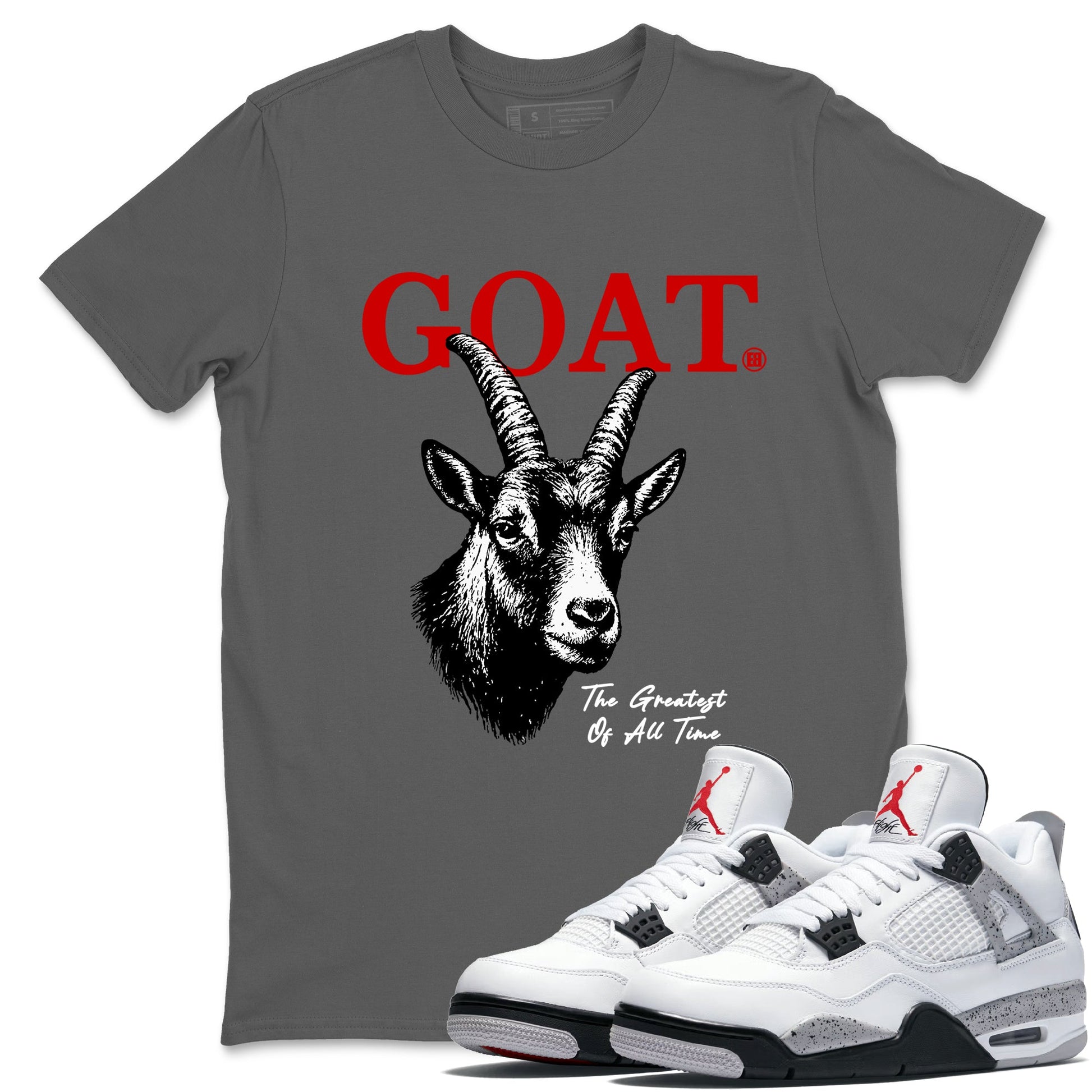 The Greatest Of All Time sneaker match t-shirt styled to complete your fit with the Air Jordan 4 White Cement sneakers, shown in Cool Grey 1.