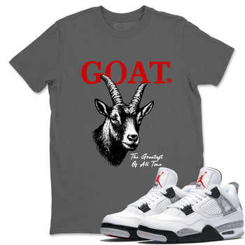 The Greatest Of All Time sneaker match t-shirt styled to complete your fit with the Air Jordan 4 White Cement sneakers, shown in Cool Grey 1.