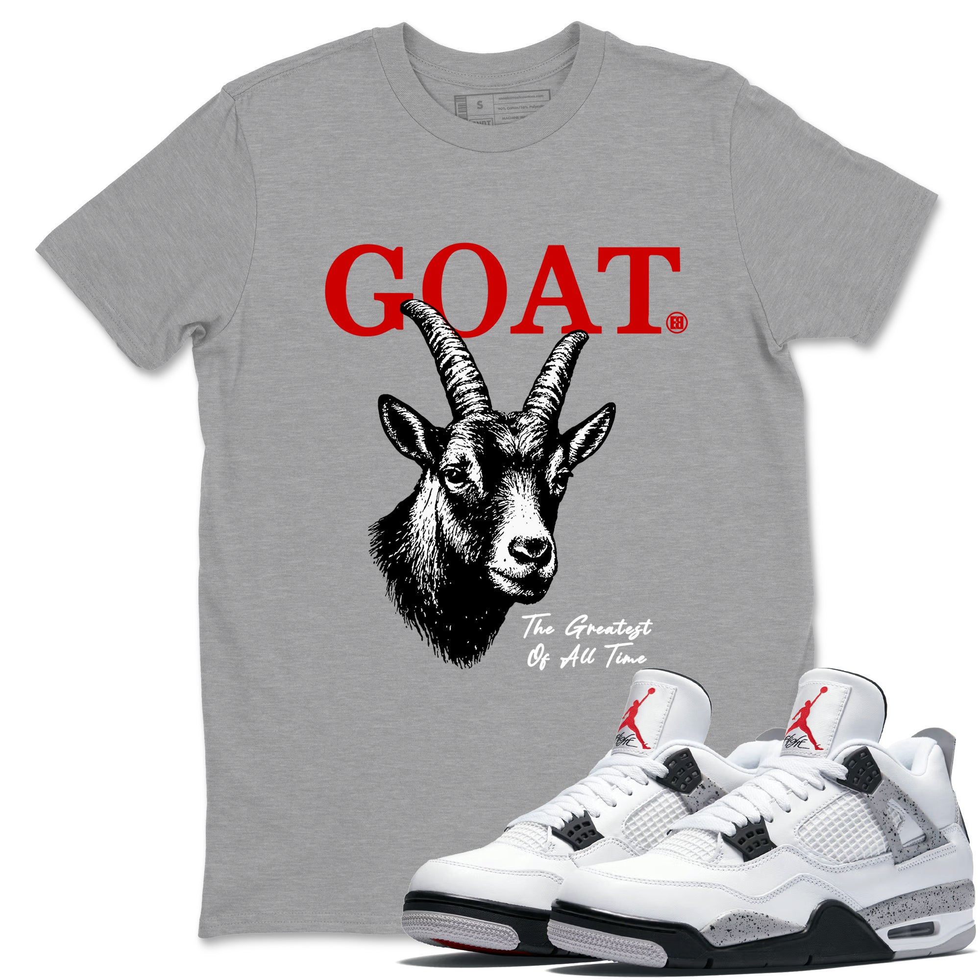 The Greatest Of All Time sneaker match t-shirt styled to complete your fit with the Air Jordan 4 White Cement sneakers, shown in Heather Grey 1.