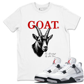 The Greatest Of All Time sneaker match t-shirt styled to complete your fit with the Air Jordan 4 White Cement sneakers, shown in White 1.
