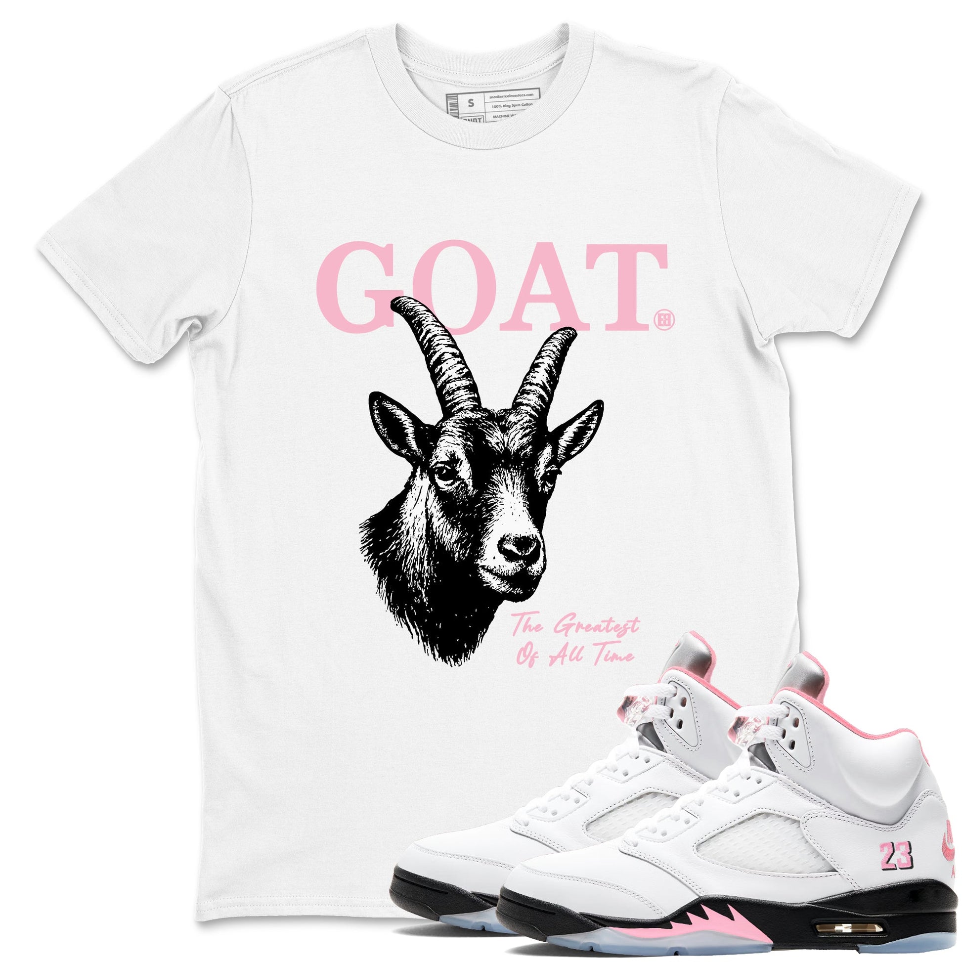 Sneaker match tees – Sneaker Tees To Match Air Jordan 5 Medium Soft Pink Shoes – The Greatest Of All Time Tee White 1