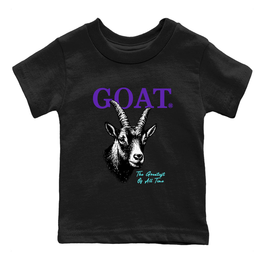 The Greatest Of All Time baby and kids t-shirt crafted for little sneakerheads to shine with the Air Jordan 5 Grape sneakers, displayed in Black 2.