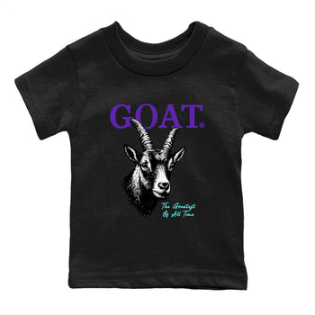 The Greatest Of All Time baby and kids t-shirt crafted for little sneakerheads to shine with the Air Jordan 5 Grape sneakers, displayed in Black 2.