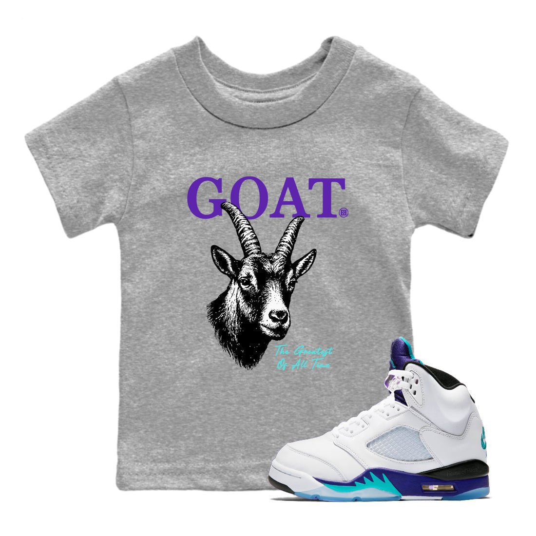 The Greatest Of All Time baby and kids t-shirt crafted for little sneakerheads to shine with the Air Jordan 5 Grape sneakers, displayed in Heather Grey 1.