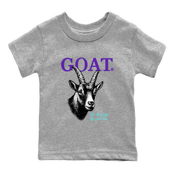 The Greatest Of All Time baby and kids t-shirt crafted for little sneakerheads to shine with the Air Jordan 5 Grape sneakers, displayed in Heather Grey 2.