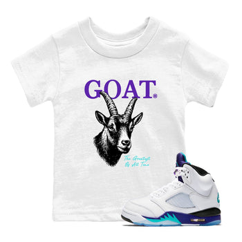 The Greatest Of All Time baby and kids t-shirt crafted for little sneakerheads to shine with the Air Jordan 5 Grape sneakers, displayed in White 1.
