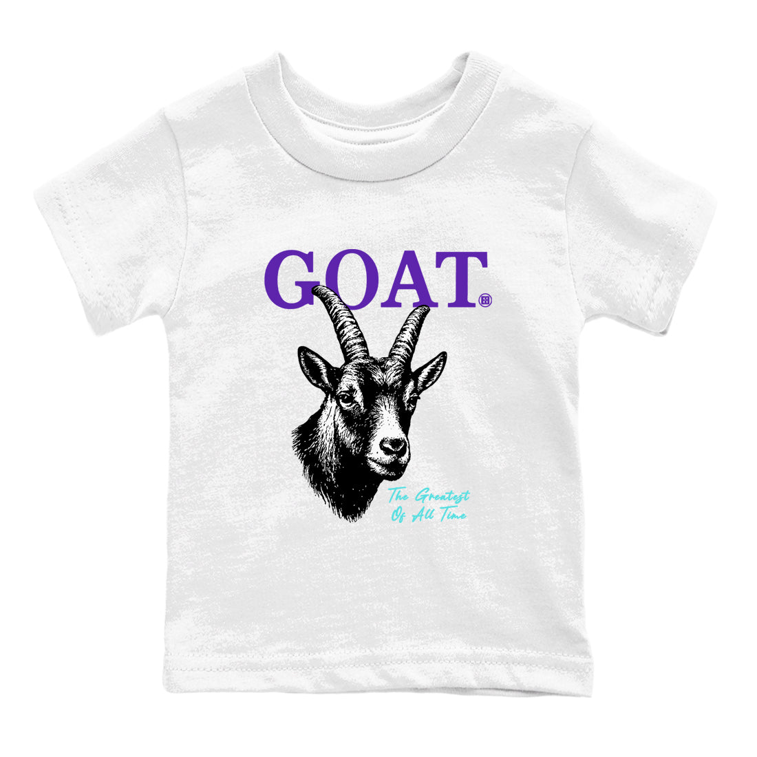 The Greatest Of All Time baby and kids t-shirt crafted for little sneakerheads to shine with the Air Jordan 5 Grape sneakers, displayed in White 2.