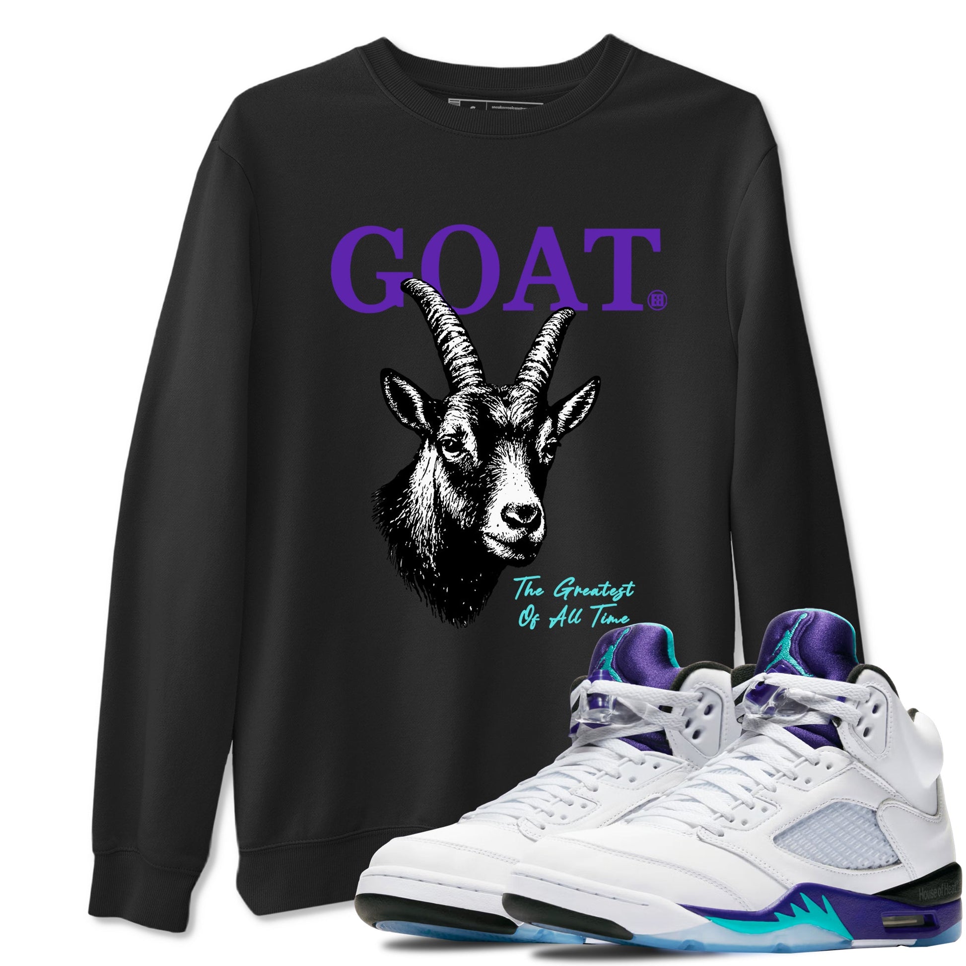 The Greatest Of All Time sneaker match t-shirt styled to complete your fit with the Air Jordan 5 Grape sneakers, shown in Black 1.