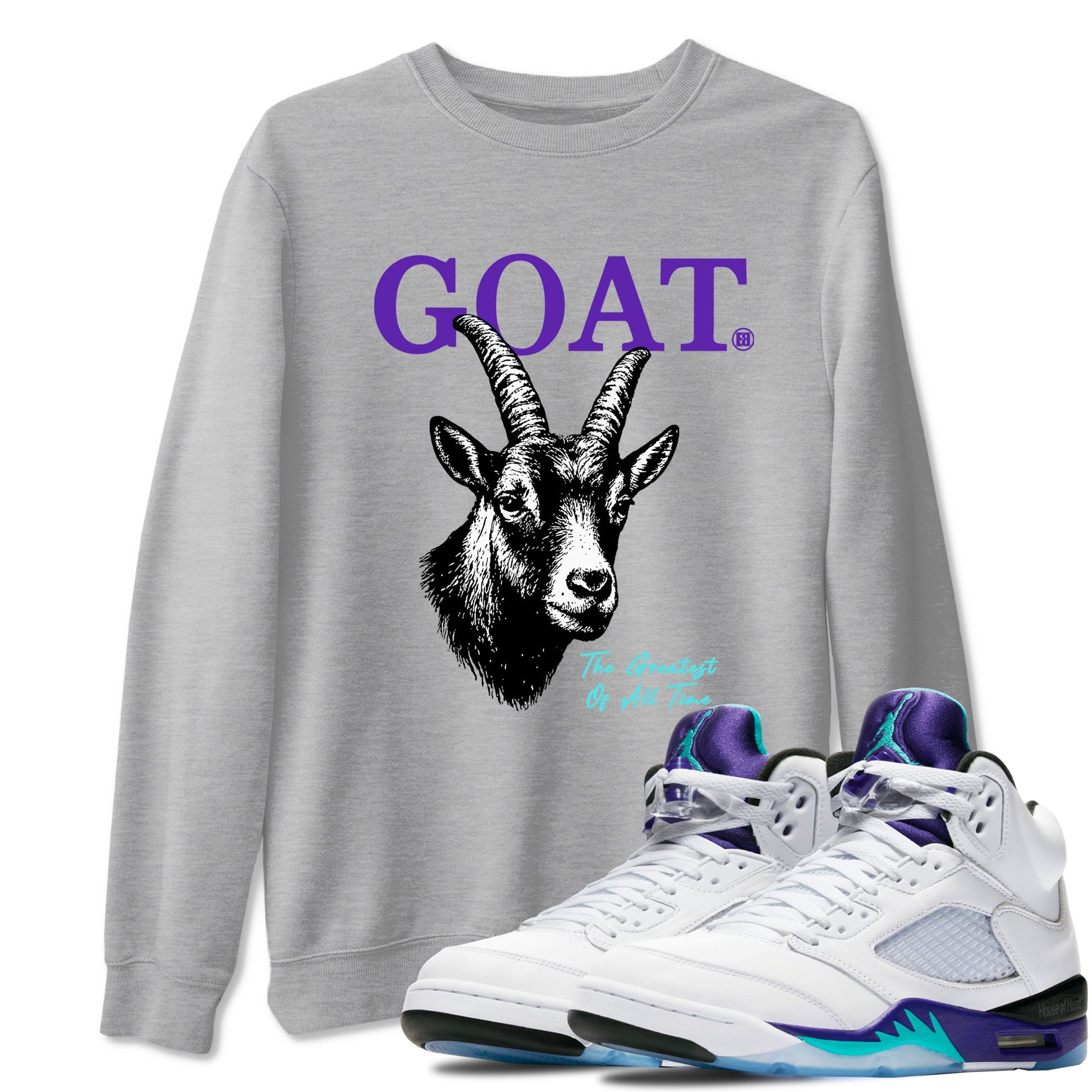 The Greatest Of All Time sneaker match t-shirt styled to complete your fit with the Air Jordan 5 Grape sneakers, shown in Heather Grey 1.