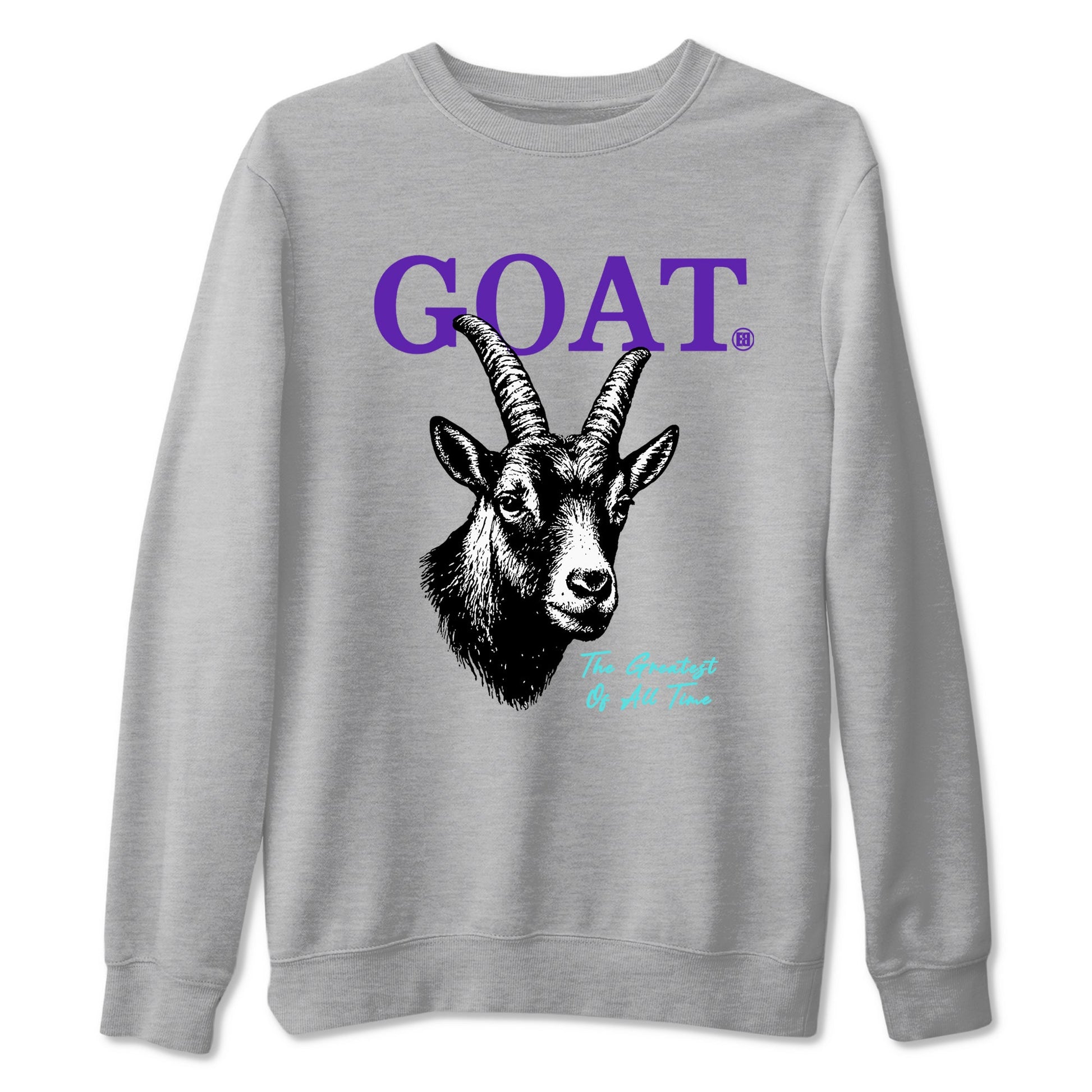 The Greatest Of All Time sneaker match t-shirt styled to complete your fit with the Air Jordan 5 Grape sneakers, shown in Heather Grey 2.