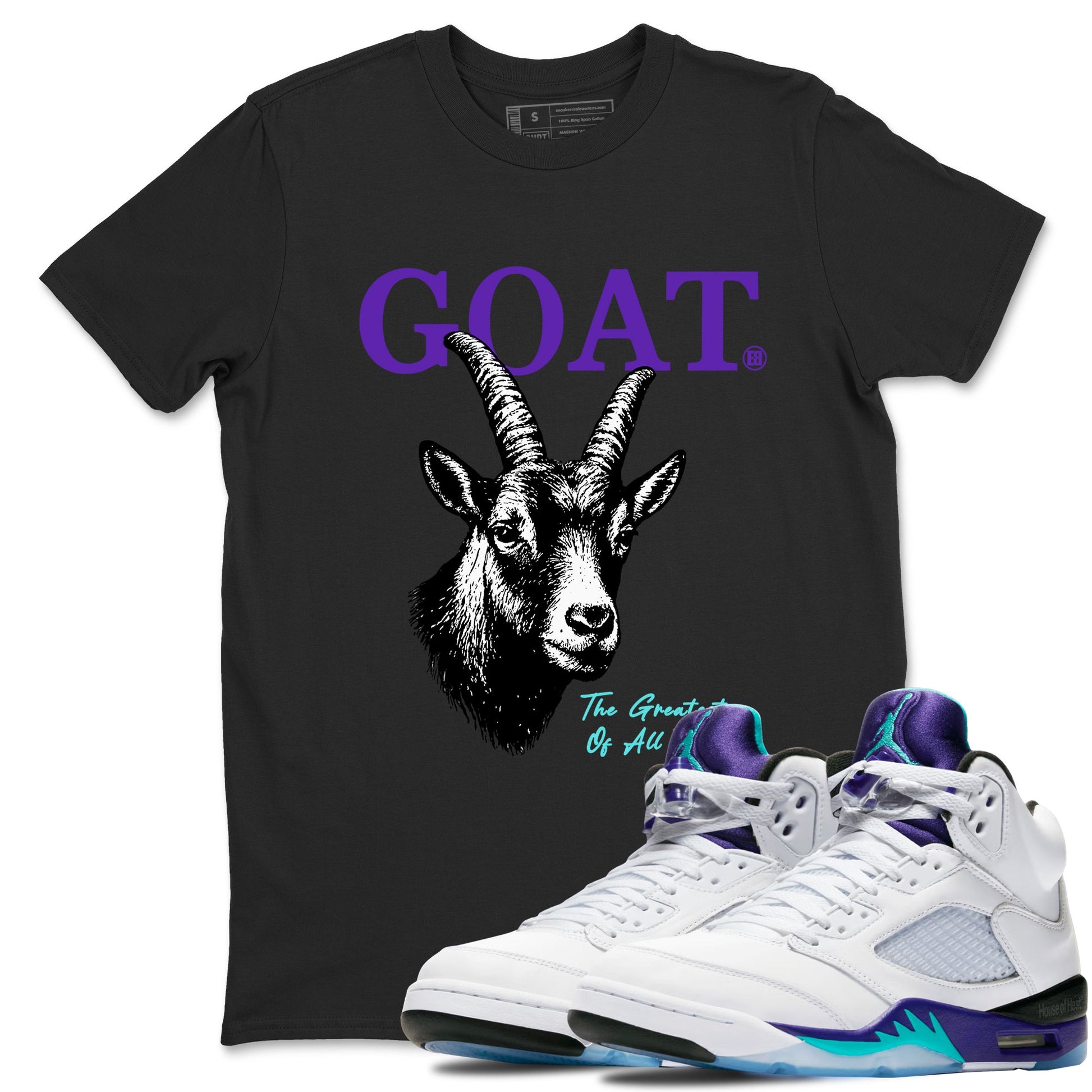 The Greatest Of All Time sneaker match t-shirt styled to complete your fit with the Air Jordan 5 Grape sneakers, shown in Black 1.
