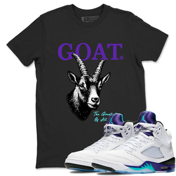 The Greatest Of All Time sneaker match t-shirt styled to complete your fit with the Air Jordan 5 Grape sneakers, shown in Black 1.