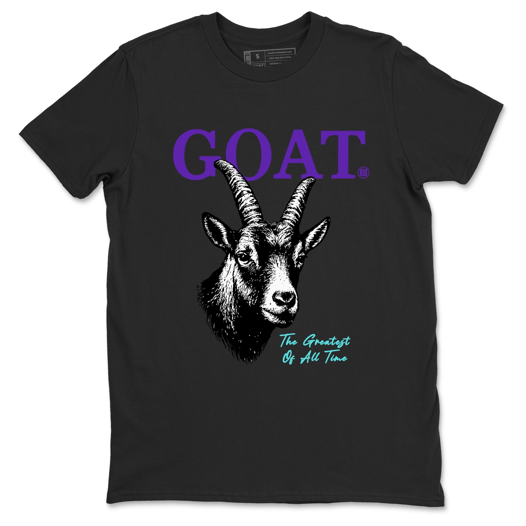 The Greatest Of All Time sneaker match t-shirt styled to complete your fit with the Air Jordan 5 Grape sneakers, shown in Black 2.