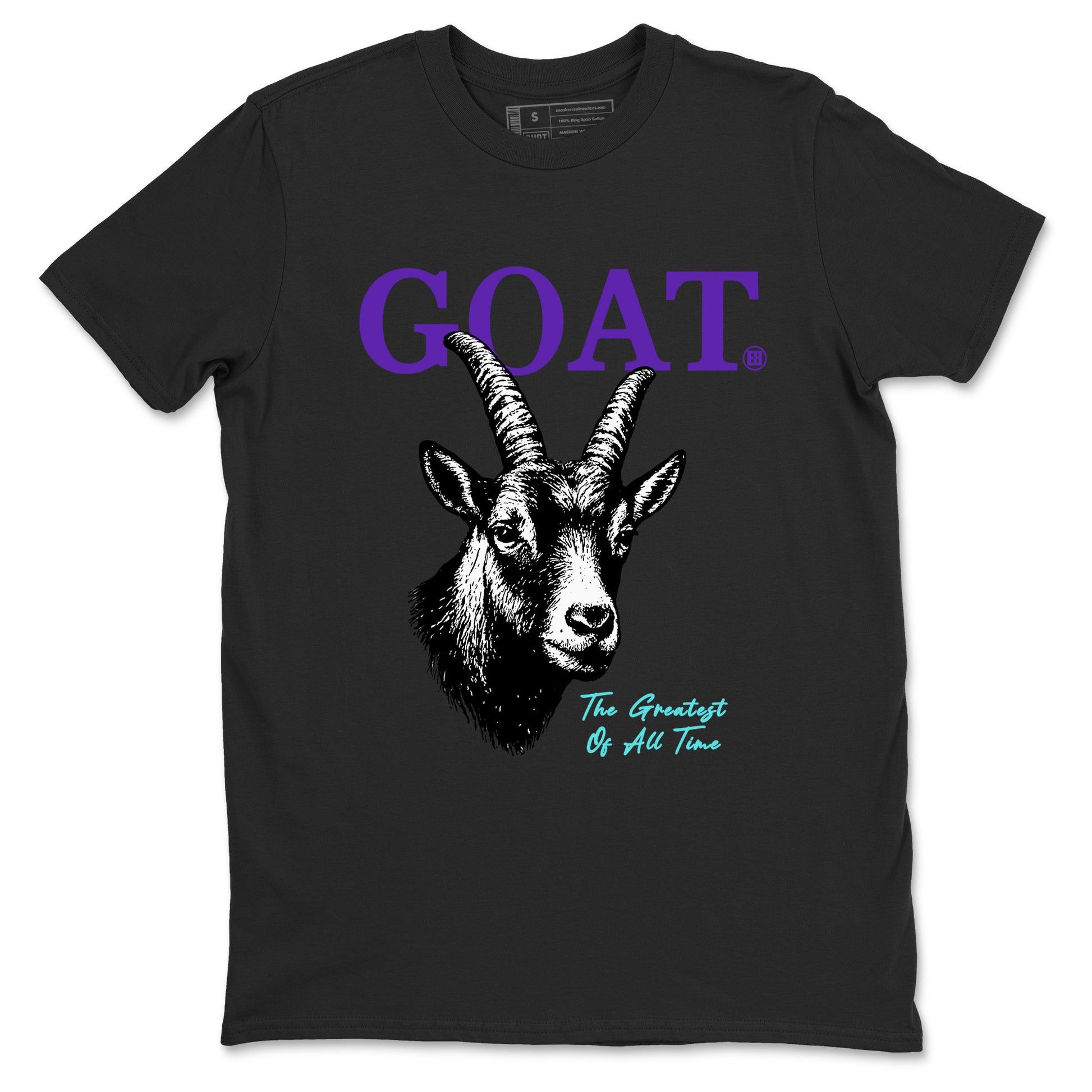 The Greatest Of All Time sneaker match t-shirt styled to complete your fit with the Air Jordan 5 Grape sneakers, shown in Black 2.