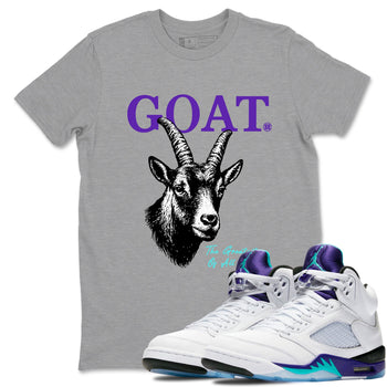 The Greatest Of All Time sneaker match t-shirt styled to complete your fit with the Air Jordan 5 Grape sneakers, shown in Heather Grey 1.