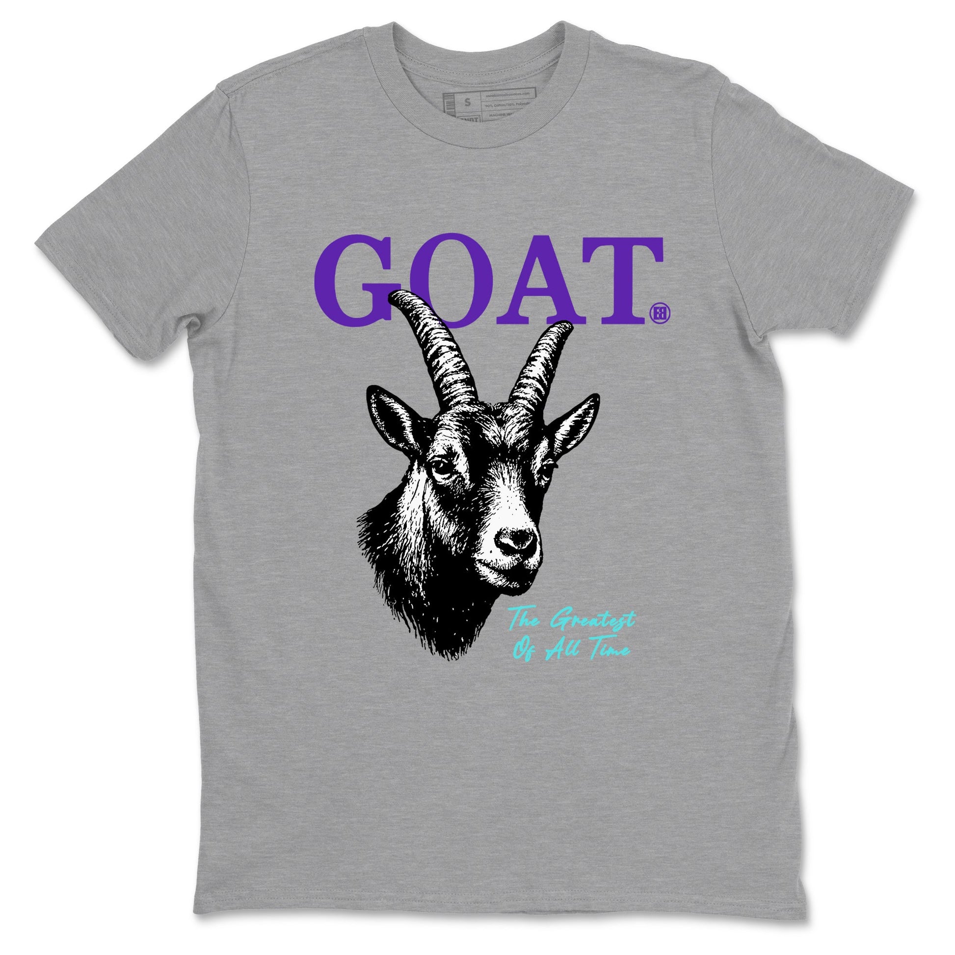 The Greatest Of All Time sneaker match t-shirt styled to complete your fit with the Air Jordan 5 Grape sneakers, shown in Heather Grey 2.