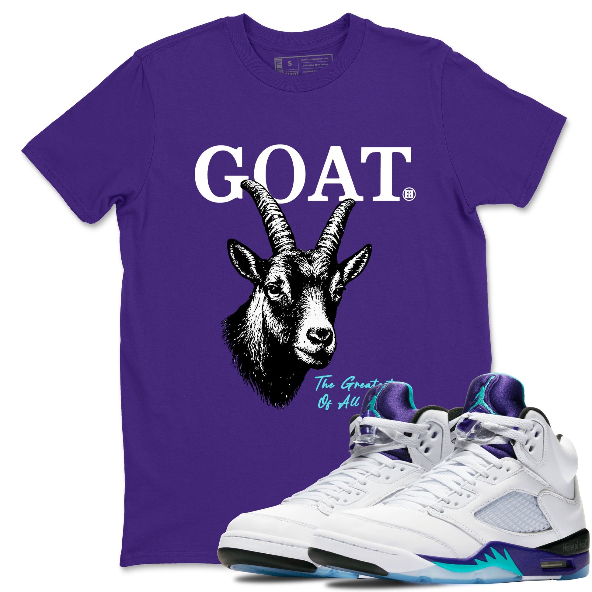 The Greatest Of All Time sneaker match t-shirt styled to complete your fit with the Air Jordan 5 Grape sneakers, shown in Purple 1.