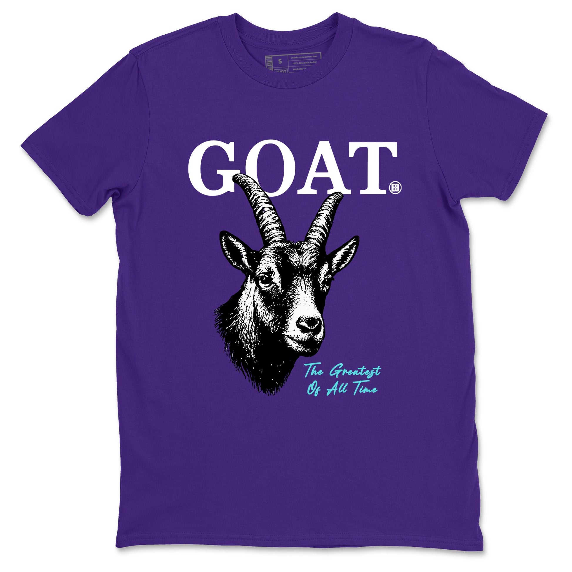 The Greatest Of All Time sneaker match t-shirt styled to complete your fit with the Air Jordan 5 Grape sneakers, shown in Purple 2.