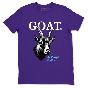 The Greatest Of All Time sneaker match t-shirt styled to complete your fit with the Air Jordan 5 Grape sneakers, shown in Purple 2.