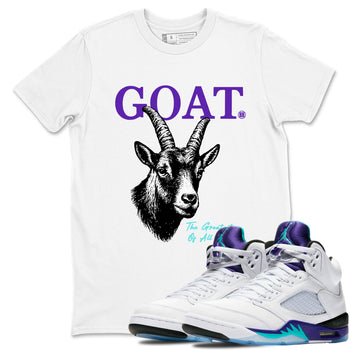 The Greatest Of All Time sneaker match t-shirt styled to complete your fit with the Air Jordan 5 Grape sneakers, shown in White 1.